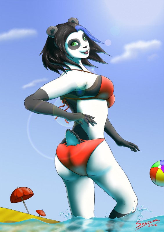 anthro beach bikini blue_hair clothing detailed_background female hair looking_at_viewer outside sand sea seaside simple_background sky solo sun swimwear two-piece_swimsuit water sairine shein_li bear giant_panda mammal hi_res