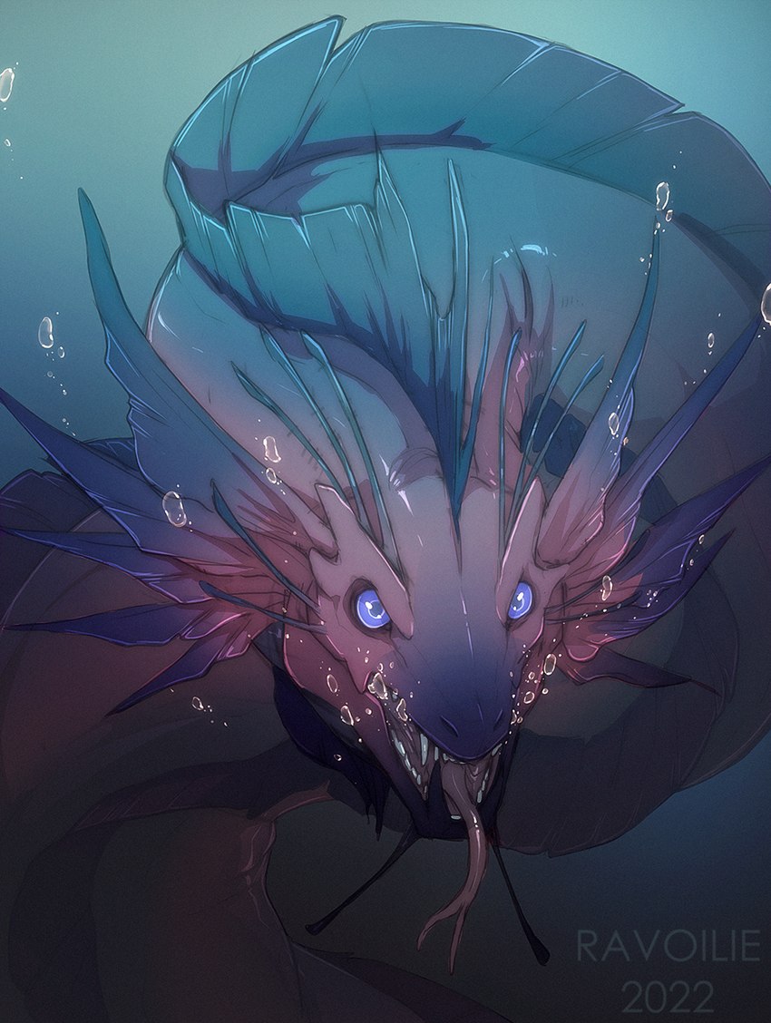 ambiguous_gender feral omtt open_mouth purple_eyes solo spines teeth tongue underwater water ravoilie sin_(disambiguation) 2022 digital_media_(artwork) headshot_portrait hi_res portrait