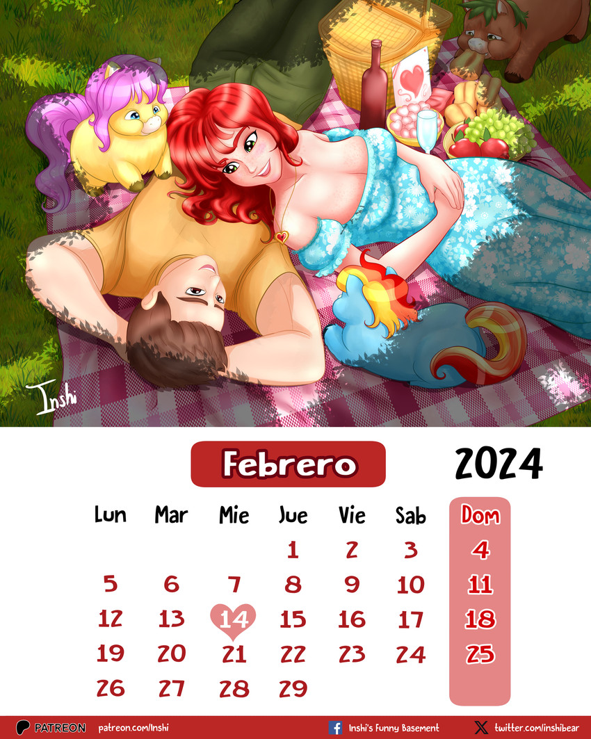 ambiguous_feral ambiguous_gender apple basket blue_body blue_clothing blue_dress blue_eyes blue_fur bottle breasts brown_clothing brown_hair brown_shirt brown_topwear calendar cleavage clothed clothed_human clothing container cup dress february_(month) female female_human feral food fruit fur glass glass_container glass_cup grape grass green_eyes group hair hand_on_belly heart_necklace holidays human_focus human_on_human intraspecies jewelry light_body light_skin liquor_bottle looking_at_another lying lying_on_another male male_human mouth_hold multicolored_hair multicolored_tail necklace not_furry_focus on_back on_front orange_body orange_fur outside picnic pink_hair pink_tail plant red_hair shirt tail text topwear yellow_body yellow_fur young young_ambiguous young_feral inshi_(artist) fluffy_pony valentine's_day fluffy_pony_(species) human mammal 2024 4:5 absurd_res alternate_version_at_source digital_media_(artwork) hi_res shaded spanish_text