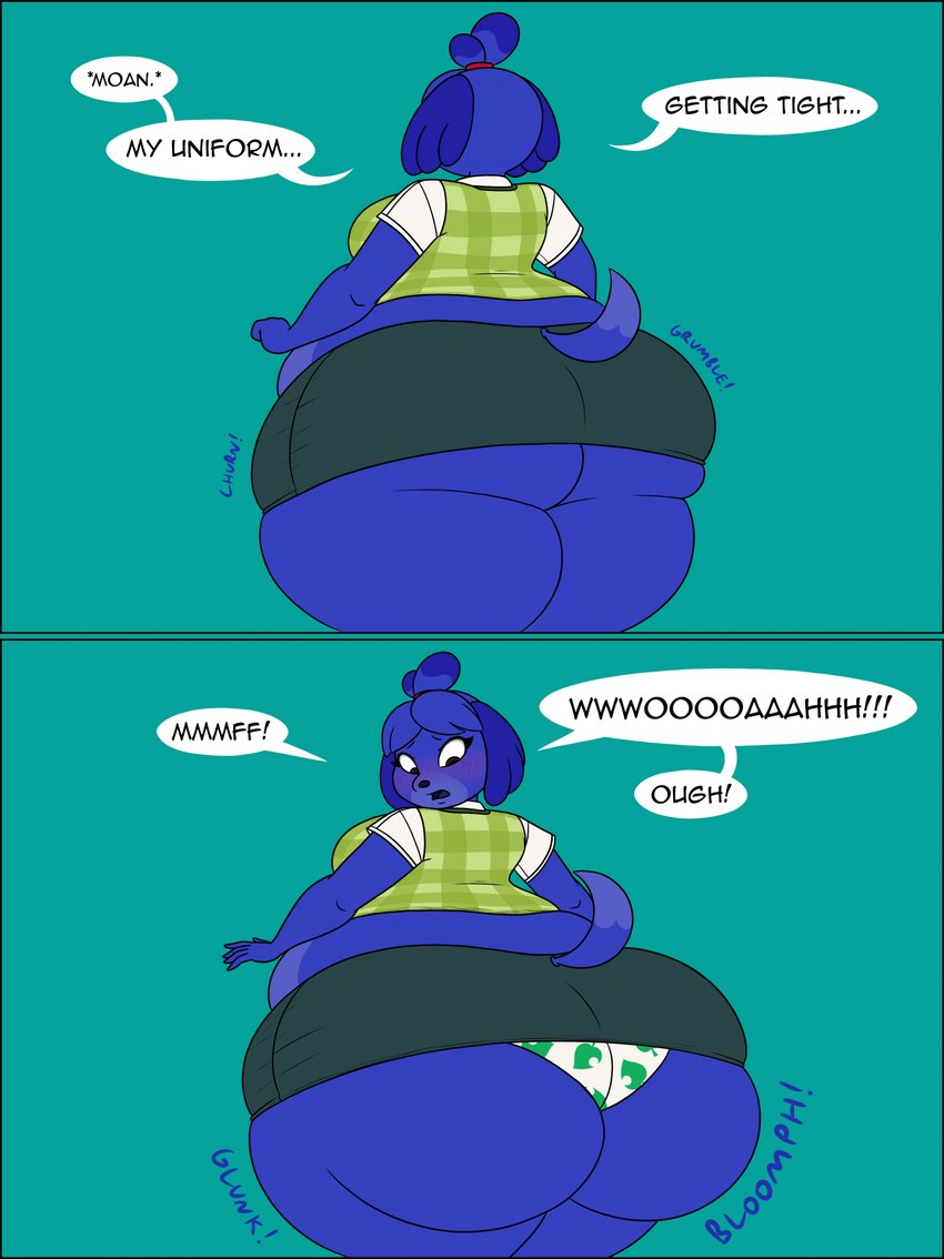 accessory anthro belly belly_expansion big_belly big_breasts big_butt black_eyebrows blue_body blue_bottomwear blue_clothing blue_ears blue_hair blue_mouth blue_nose blue_skirt blue_tail blue_tongue blueberry_inflation blush bottomwear breasts brown_eyes butt butt_expansion clothed clothing dialogue expansion eyebrows eyelashes female glunk_(sound_effect) green_clothing green_topwear green_vest hair hair_accessory hairband huge_belly huge_butt huge_thighs hyper hyper_butt hyper_thighs inflation inflation_fetish leaf_pattern leaf_pattern_panties leaf_pattern_underwear looking_at_butt looking_at_own_butt looking_back looking_back_at_self looking_down looking_down_at_self onomatopoeia open_mouth panties pattern_bottomwear pattern_clothing pattern_panties pattern_underwear rear_view red_hairband scut_tail shirt short_tail simple_background skirt solo sound_effects speech_bubble swelling tail teal_background text thick_thighs thigh_expansion tight_clothing tongue topwear underwear upskirt vest white_clothing white_panties white_shirt white_topwear white_underwear thaliaglacyswells animal_crossing nintendo isabelle_(animal_crossing) canid canine canis domestic_dog mammal shih_tzu toy_dog 2025 colored comic digital_media_(artwork) english_text flat_colors hi_res