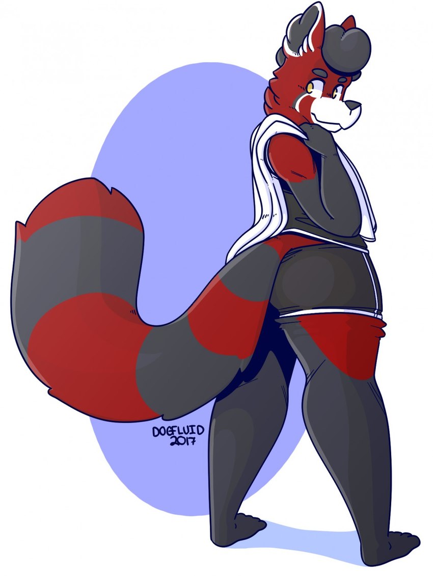 ambiguous_gender anthro biped black_body black_clothing black_ears black_fur black_tail bottomwear butt butt_pose clothing fur fur_markings markings multicolored_body multicolored_ears multicolored_fur orange_eyes pose red_body red_ears red_fur red_tail solo striped_body striped_fur striped_markings striped_tail stripes tail tail_markings topwear two_tone_body two_tone_ears two_tone_fur two_tone_tail white_body white_clothing white_ears white_fur dogfluid kenny_(k3nnyisgood) mammal procyonid raccoon 2017 hi_res signature