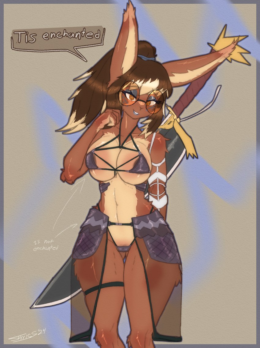 adventurer anthro areola armor big_breasts bikini bikini_armor breasts clothed clothing eyewear female fur glasses hair huge_breasts lipstick looking_at_viewer makeup melee_weapon navel simple_background smile solo swimwear sword text two-piece_swimsuit unconvincing_armor warrior weapon wearing_glasses sprrigs- okali lagomorph leporid mammal rabbit digital_media_(artwork) english_text hi_res