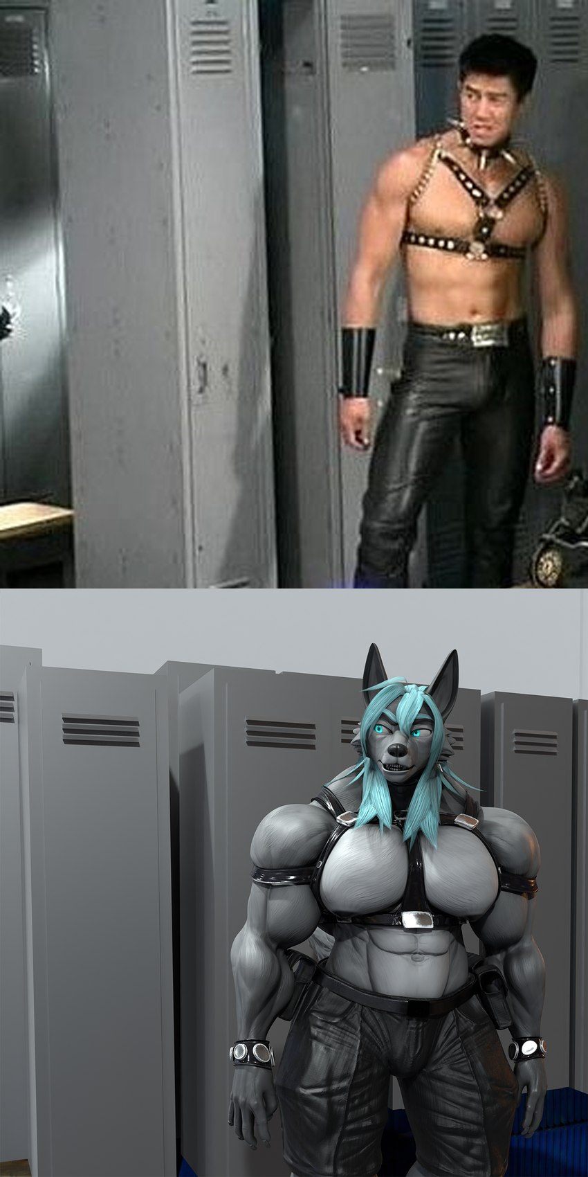 abs anthro belt big_pecs blue_hair bottomwear bulge chest_harness clothing hair harness inside leather leather_bottomwear leather_clothing leather_harness locker locker_room male muscular muscular_anthro muscular_male pecs pouches solo wristband zi0808 gachimuchi van_darkholme canid canine canis human mammal wolf 1:2 3d_(artwork) absurd_res digital_media_(artwork) hi_res meme