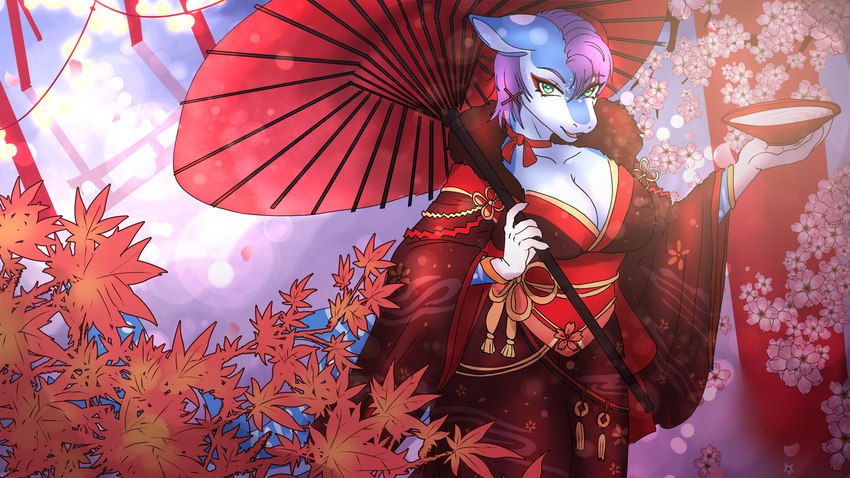 abstract_background anthro asian_clothing big_breasts breasts cherry_blossom clothing east_asian_clothing eyeshadow female flower gloves green_eyes hair handwear japanese_clothing kimono leaf looking_at_viewer makeup plant prunus_(flower) purple_hair red_bowl red_clothing red_kimono red_umbrella solo white_clothing white_gloves white_handwear ketzel99 rigel_(1stsavagery) carpet_shark fish marine shark whale_shark 16:9 2022 absurd_res digital_media_(artwork) hi_res widescreen