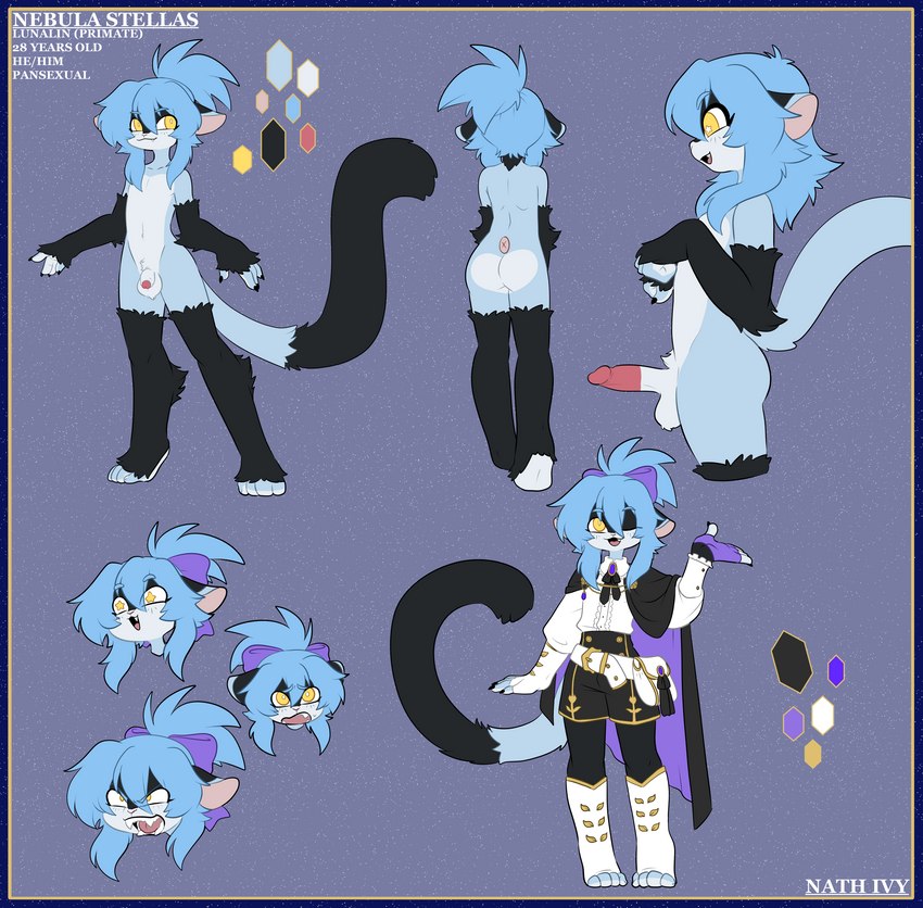 anthro balls blue_body blue_fur blue_hair butt clothed clothing color_swatch facial_expressions fur genitals hair long_tail male nude penis solo tail yellow_eyes sinfrou nebula_stellas haplorhine mammal monkey primate absurd_res hi_res model_sheet