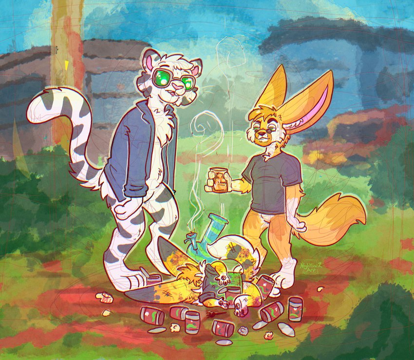 alcohol ambiguous_gender anthro beverage bong bottomless canned_food clothed clothing drugs eyewear facial_hair glasses goatee group male marijuana ravioli trio nightlinez family_guy_death_pose trailer_park_boys rohofennec_(character) canid canine felid fennec_fox fox mammal pantherine tiger true_fox absurd_res hi_res meme