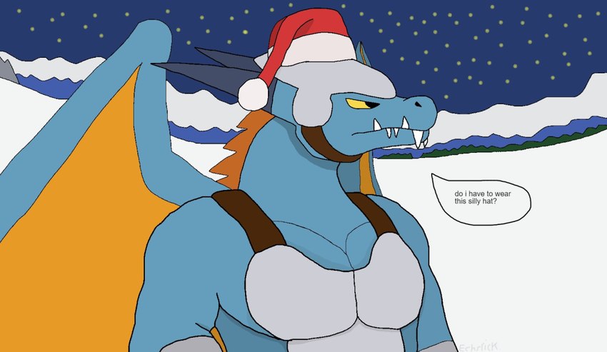 anthro armor blue_body blue_scales christmas_clothing christmas_headwear clothing dialogue hat headgear headwear helmet holidays horn male pecs question santa_hat scales sharp_teeth solo speech_bubble teeth text wings winter yellow_eyes echsrick christmas dragon_quest mythology square_enix dragon mandrake_major mythological_creature mythological_scalie scalie