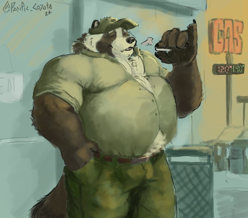 anthro belly big_belly bottomwear breathing clothing gas_station hand_in_pocket hat headgear headwear male musclegut muscular open_sign overweight pants pockets shirt smoking solo topwear pacific_coyote mammal procyonid raccoon 2024 hi_res