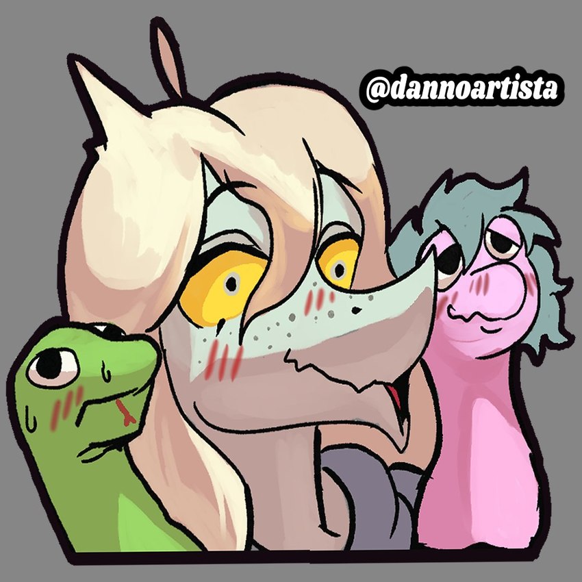 anthro blonde_hair blush female freckled_face freckles grey_background grey_body grey_eyes grey_scales hair hand_puppet long_hair looking_at_viewer open_mouth scales simple_background snout solo text yellow_sclera dannoartista cavemanon_studios snoot_game judee dinosaur prehistoric_species reptile scalie theropod troodon troodontid 1:1 2024 artist_name digital_drawing_(artwork) digital_media_(artwork) watermark