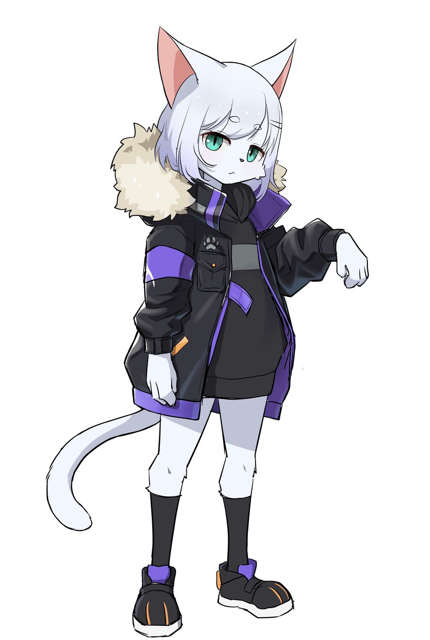 anthro black_clothing blue_eyes clothing female footwear fur jacket plantigrade purple_clothing shoes simple_background socks solo topwear white_background white_body white_fur young young_female konazarame domestic_cat felid feline felis mammal 2021 absurd_res hi_res