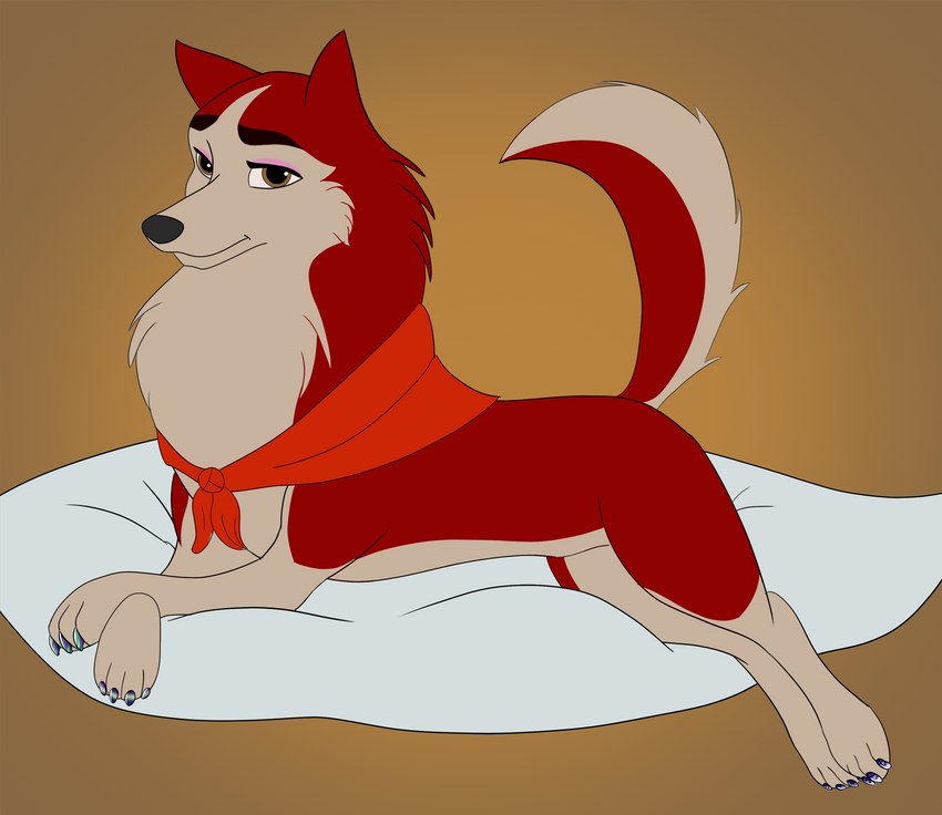 bedroom_eyes claws clothed clothed_feral clothing colored_nails eyebrows eyelashes eyeshadow female feral fur kerchief looking_at_viewer lying makeup nail_art nails narrowed_eyes on_front pillow red_body red_fur seductive smile solo tan_body tan_fur nightcorelights balto_(series) universal_studios jenna_(balto) canid canine canis domestic_dog husky mammal nordic_sled_dog siberian_husky spitz 2022 digital_drawing_(artwork) digital_media_(artwork) hi_res