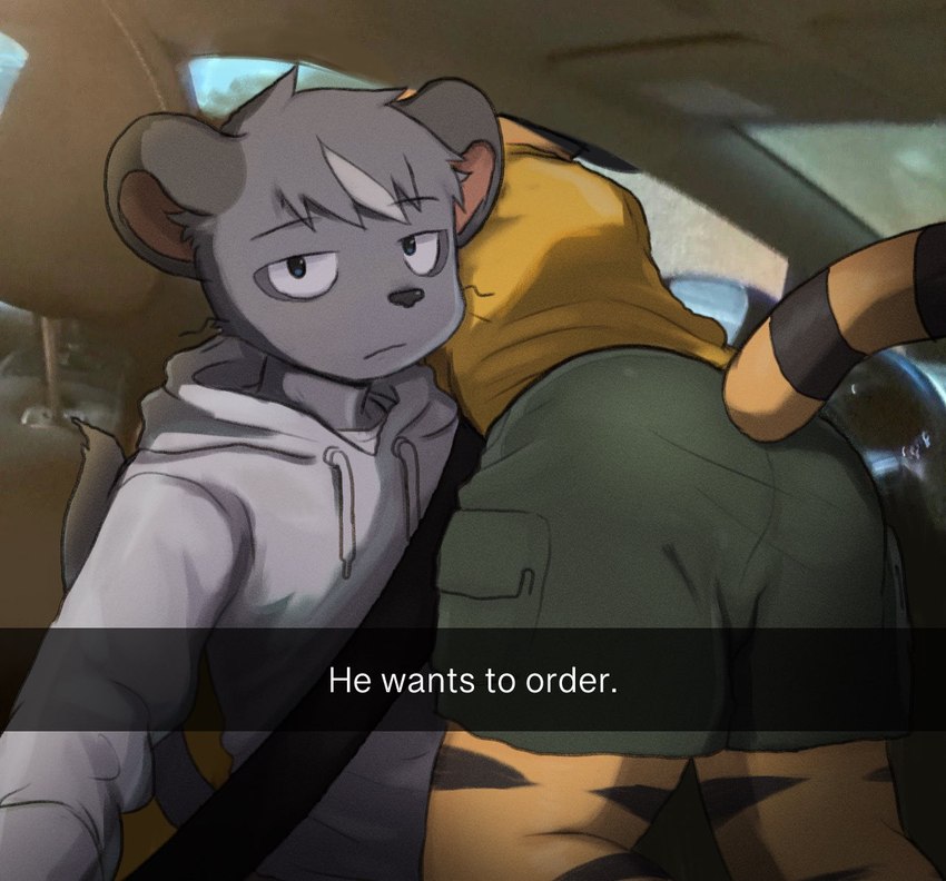 car car_interior drive-thru duo humor inside_car inside_vehicle male male/male vehicle latotabo he_wants_to_order gelato_(latotabo) tiger_boy_(latotabo) felid mammal murid murine pantherine rat rodent tiger meme