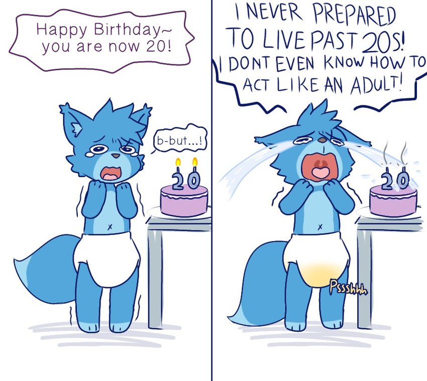 anthro birthday birthday_cake birthday_candles blue_body blue_fur bodily_fluids cake clean_diaper clothed clothing crying dessert dialogue diaper food fur furniture genital_fluids male open_mouth peeing relatable sad simple_background solo standing table tail tears text tongue unclean_diaper urine used_diaper wearing_diaper wet_diaper wetting avealrykun canid canine canis fox mammal comic digital_media_(artwork) english_text meme