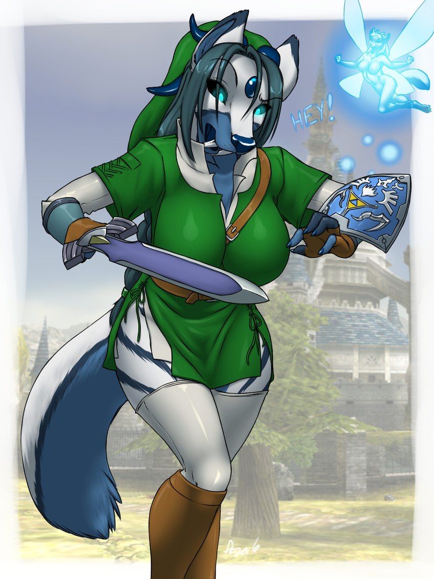 anthro big_breasts blue_eyes blue_hair blue_nose boots border bottomwear breasts clothed clothing countershade_border dialogue duo featureless_breasts female fingerless_gloves flying footwear gloves glowing hair handwear hat headgear headwear holding_melee_weapon holding_object holding_sword holding_weapon horn hylian_shield inner_ear_fluff long_hair master_sword melee_weapon navel nude shield shirt shoes shorts solo_focus surprise sword tail text tongue tongue_out topwear tuft tunic weapon white_border furball nintendo ocarina_of_time the_legend_of_zelda amione link muscari navi kaisura kwuff 2016 3:4 crossover digital_media_(artwork) english_text hi_res portrait three-quarter_portrait