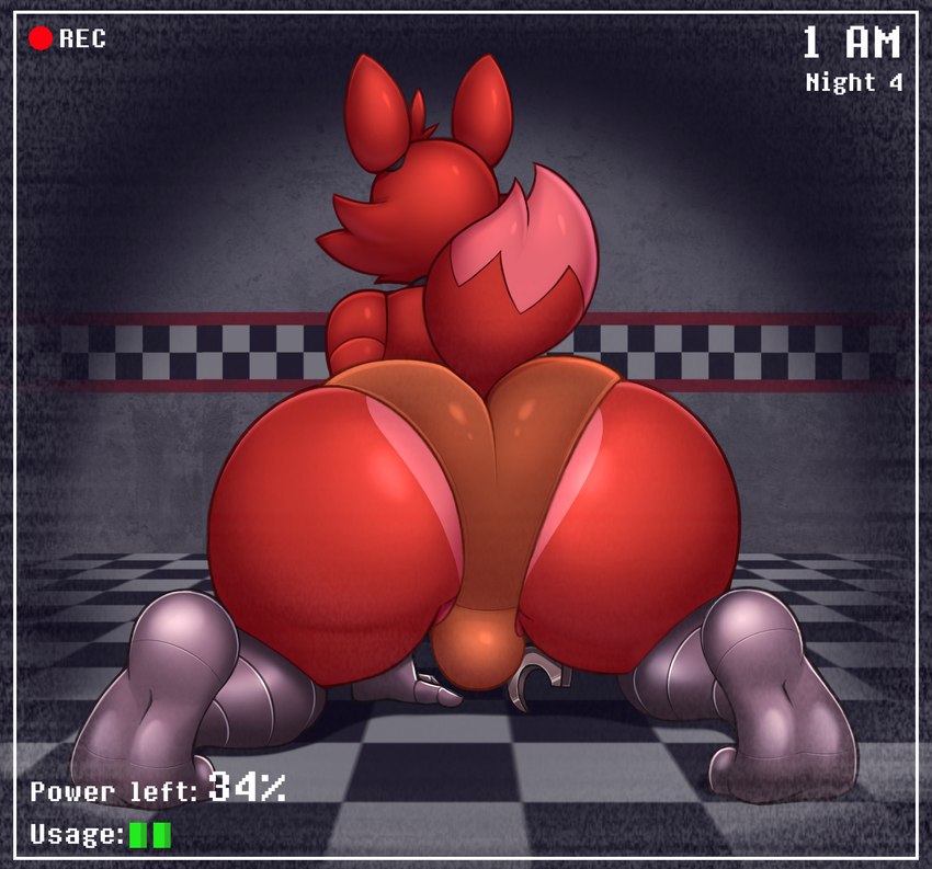 all_fours anthro backsack balls barely_visible_balls barely_visible_genitalia big_butt bottomwear bulge butt butt_focus clothing feet femboy fur genitals huge_butt inside machine male rear_view red_body red_fur side_balls soles solo text toes underwear wide_hips acstlu five_nights_at_freddy's scottgames foxy_(fnaf) animatronic canid canine fox mammal red_fox robot true_fox 2019 digital_media_(artwork) english_text hi_res