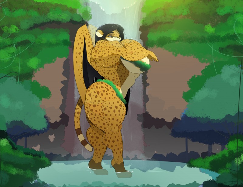 anthro breasts clothed clothing female macro muscular muscular_anthro muscular_female solo waterfall wings commoddity xilimyth cheetah felid feline mammal 2018 hi_res