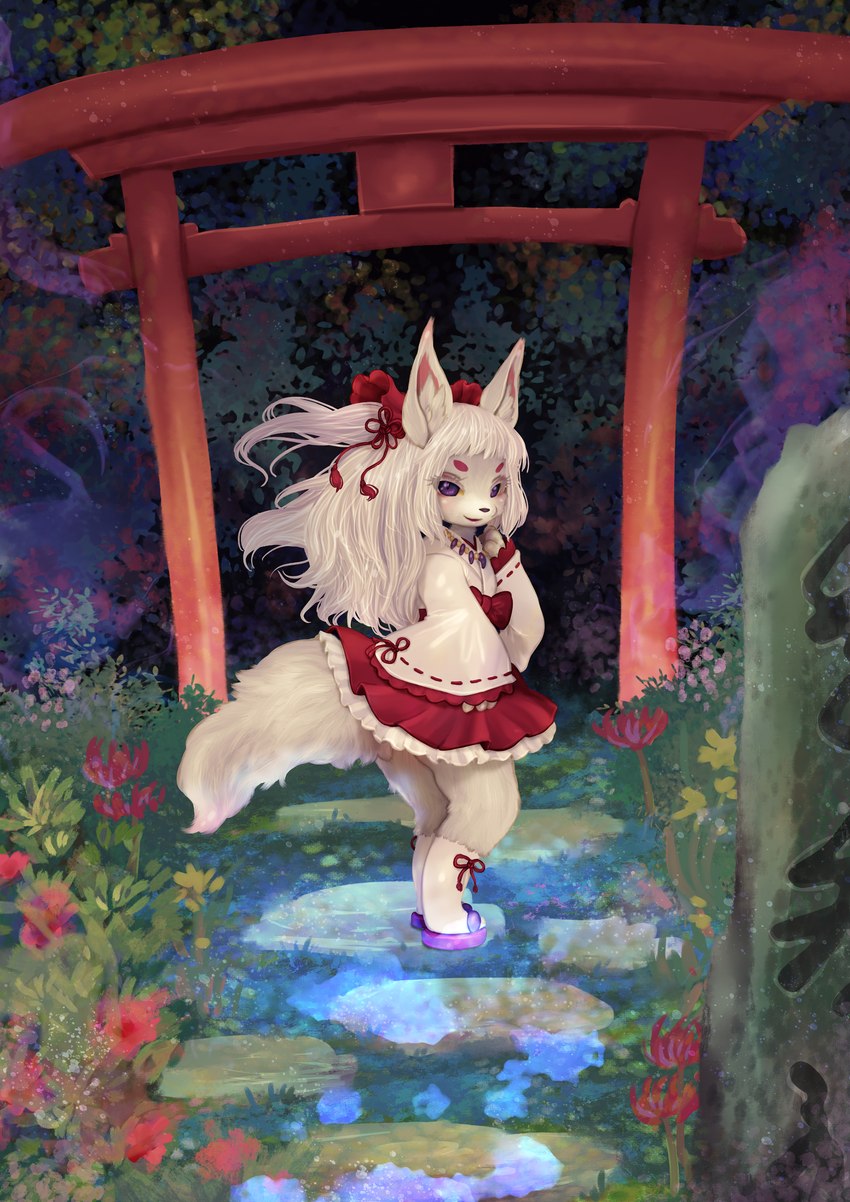 4_fingers accessory anthro asian_clothing biped bottomwear clothed clothing detailed_background east_asian_clothing female female_anthro fingers flower fluffy fluffy_tail footwear forest frilly frilly_clothing fur hair hair_accessory hakama inner_ear_fluff japanese_clothing kemono looking_at_viewer looking_back looking_back_at_viewer miko_outfit paws plant purple_eyes red_clothing shrine_maiden socks solo standing tabi_socks tail torii tree tuft white_body white_clothing white_fur white_hair zori tetetor-oort canid canine fox mammal 2022 absurd_res digital_media_(artwork) full-length_portrait hi_res portrait translated_description