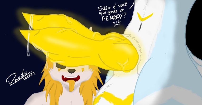 2_penises anthro balls big_balls big_penis blonde_hair blue_body blue_fur bodily_fluids duo fur genital_fluids genitals glowing glowing_genitalia glowing_penis hair huge_penis knot male male/male multi_genitalia multi_penis penis precum text white_body white_fur reisuke_wolfox_(artist) can't_see_the_haters nintendo pokemon reisuke_wolfox canid canine canis fox generation_3_pokemon hybrid hyena mammal mightyena pokemon_(species) wolf absurd_res hi_res meme