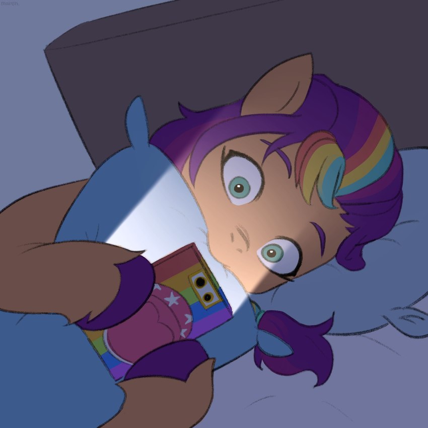 bed bite cellphone electronics female feral furniture green_eyes hair hooves multicolored_hair on_bed phone pillow pillow_bite purple_hair rainbow_hair smartphone solo marenlicious hasbro mlp_g5 my_little_pony sunny_starscout_(mlp) earth_pony equid equine horse mammal pony hi_res meme