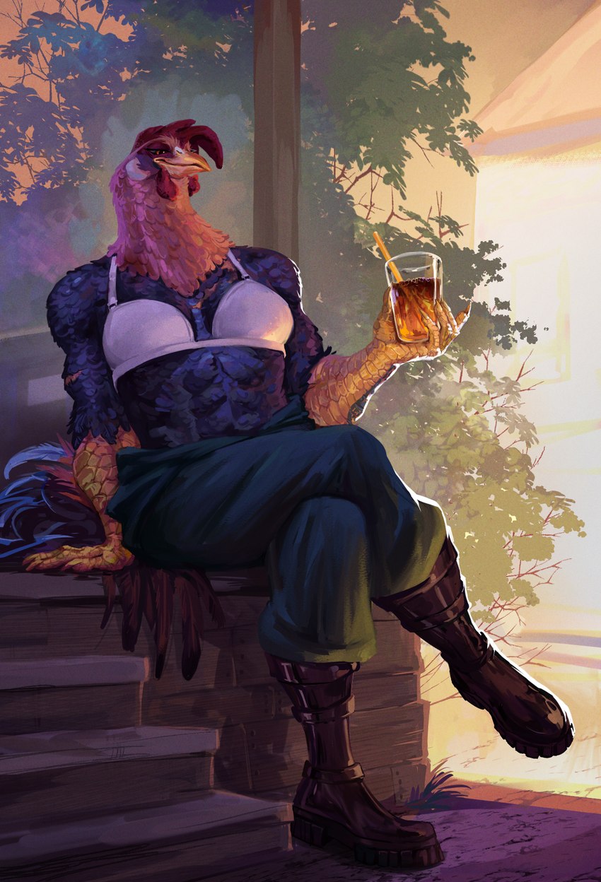 abs anthro beak beverage black_body black_feathers boots bra breasts claws clothing crossed_legs day drinking_straw feathers female footwear holding_beverage holding_object muscular muscular_female non-mammal_breasts orange_body orange_eyes orange_feathers outside overalls plant scar scuted_arms scutes shoes shrub sitting solo tail tail_feathers teal_body teal_feathers underwear white_body white_skin yellow_scutes knyaz_kolosok turdusphilomelos nancy_(ahorribleperson) avian bird chicken galliform gallus_(genus) phasianid hi_res