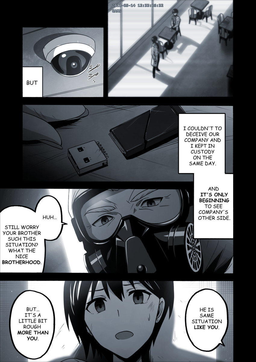 clothing coat female gas_mask hazmat_suit human_only lab_coat mask not_furry security security_camera text topwear usb_stick layer_(artist) third-party_edit yuka_(layer) human mammal comic english_text hard_translated hi_res translated sibling_(lore) sister_(lore)