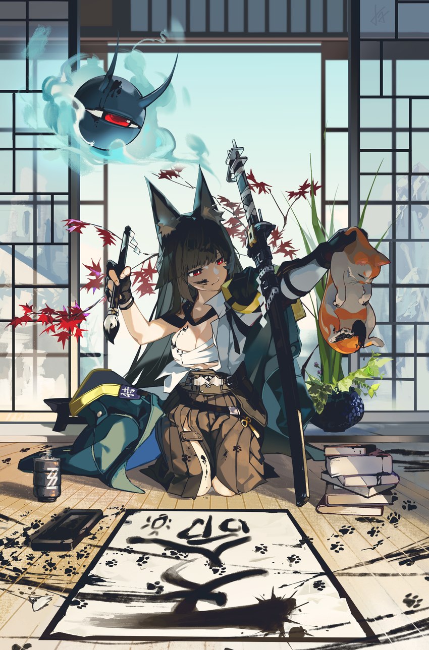 asian_clothing big_breasts breasts calligraphy chest_wraps cleavage clothed clothing east_asian_clothing female feral ink ink_brush inner_ear_fluff japanese_architecture japanese_clothing melee_weapon red_eyes solo sword tuft underwear weapon wraps merahnonamida mihoyo zenless_zone_zero hoshimi_miyabi miyabi_(zenless_zone_zero) animal_humanoid canid canid_humanoid canine canine_humanoid domestic_cat felid feline felis fox_humanoid humanoid mammal mammal_humanoid thiren hi_res
