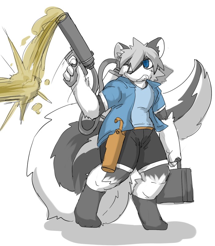 ambiguous_gender bio_weapon biochemical_warfare blue_eyes briefcase fur grey_body grey_fur grey_hair gun hair holster launcher ranged_weapon shooting solo stripes weapon white_body white_fur sakamata mammal mephitid skunk hi_res