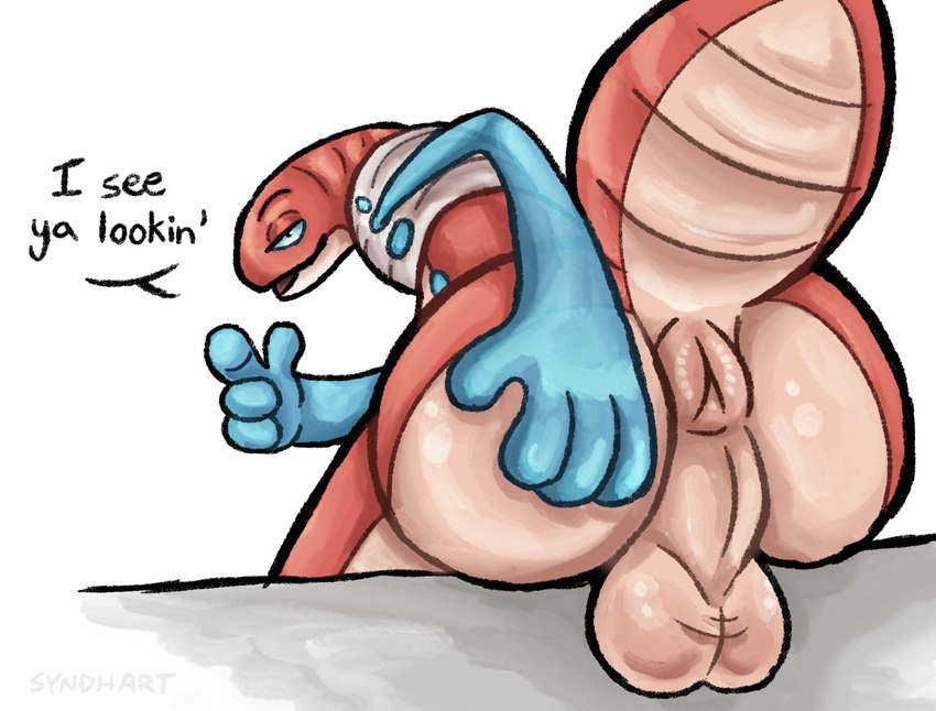 anthro anus balls butt dialogue genitals gesture hand_gesture looking_at_viewer looking_back male pointing pointing_at_viewer presenting presenting_hindquarters raised_tail solo tail syndhart nintendo pokemon generation_9_pokemon orthworm pokemon_(species) worm hi_res