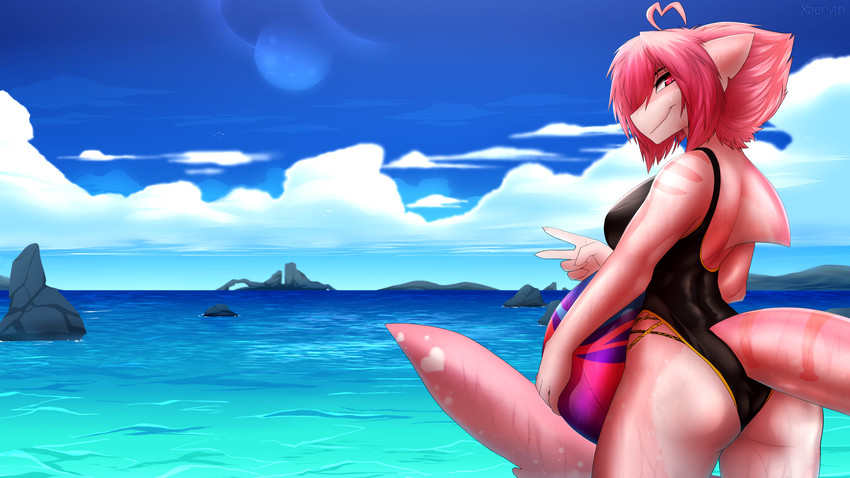 5_fingers anthro backless_clothing backless_swimsuit breasts clothed clothing day detailed_background eyebrows eyelashes female fingers hair non-mammal_breasts one-piece_swimsuit outside pink_hair sky smile solo swimwear xaenyth shrimp_(uk_brony) fish marine shark 16:9 2020 4k absurd_res digital_media_(artwork) hi_res widescreen