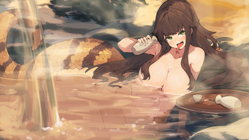 alcohol alcohol_bottle apode beverage big_breasts blush blush_lines bottle breasts brown_body brown_hair brown_scales brown_stripes container convenient_censorship eyelashes female forked_tongue green_eyes hair holding_bottle holding_container holding_object hot_spring huge_breasts legless long_hair looking_at_viewer lying navel nude on_side open_mouth partially_submerged sake scales serpentine solo split_form stripes tan_body tan_skin tongue tongue_out water yellow_body yellow_scales lansane asian_mythology east_asian_mythology japanese_mythology mythology animal_humanoid draconcopode humanoid lamia mythological_creature mythological_scalie reptile reptile_humanoid scalie scalie_humanoid snake snake_humanoid tsuchinoko yokai