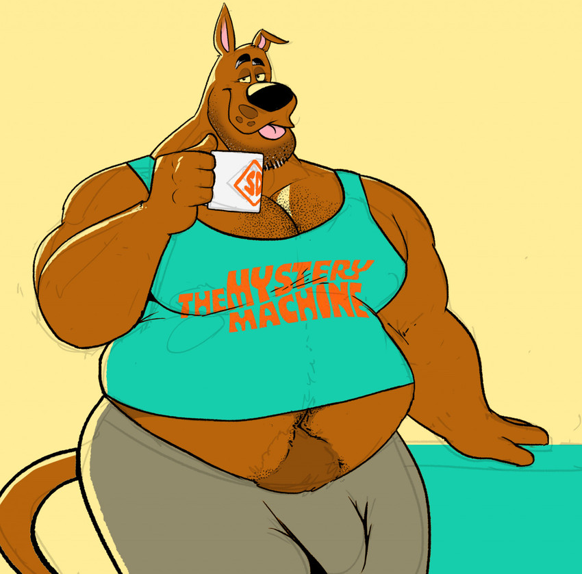 anthro belly beverage big_belly big_pecs black_nose body_hair bottomwear brown_body brown_fur bulge chest_hair clothed clothing container cup eyebrows facial_hair floppy_ears fur goatee hairy happy_trail holding_beverage holding_object leaning_on long_tail looking_at_viewer male muscle_shirt musclegut muscular muscular_anthro muscular_male navel overweight overweight_anthro overweight_male pants pecs pubes raised_eyebrows shirt smile solo standing stubble tail tight_clothing tongue tongue_out topwear yellow_sclera sosososleazy hanna-barbera scooby-doo_(series) scooby-doo canid canine canis domestic_dog great_dane mammal mastiff molosser 2020 hi_res