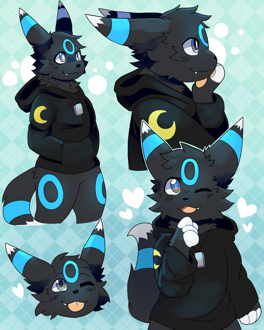 anthro anthrofied blep clothing dog_tags grin hand_in_pocket hands_in_both_pockets heart_symbol hoodie male multiple_poses pockets pokemorph pose simple_background smile solo tongue tongue_out topwear milkybiscuits nintendo pokemon auro_(auropaw) eeveelution generation_2_pokemon pokemon_(species) shiny_pokemon umbreon 4:5 hi_res