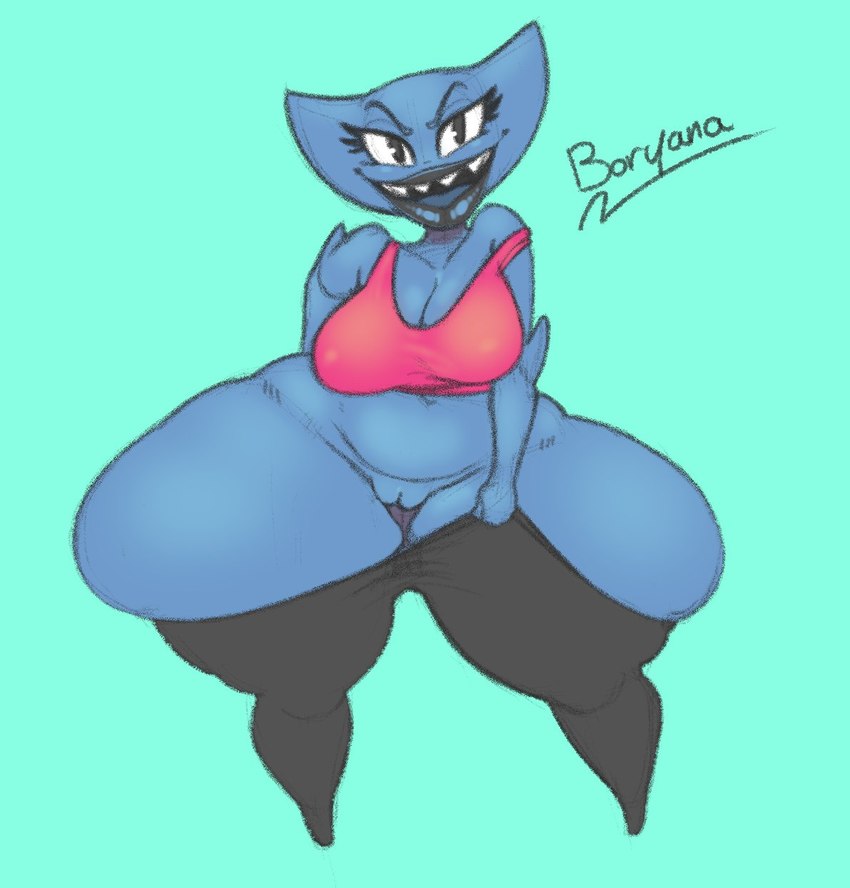 big_breasts black_eyes black_lips blue_body bottomwear bottomwear_down breasts cleavage clothed clothing female genitals huge_hips huge_thighs hyper hyper_hips hyper_thighs lips looking_at_viewer not_furry pants pants_down partially_clothed pussy shirt solo tank_top text thick_lips thick_thighs topwear wide_hips kendalljt boryana alien alien_humanoid amphibian diplocaulus humanoid nectrid english_text hi_res