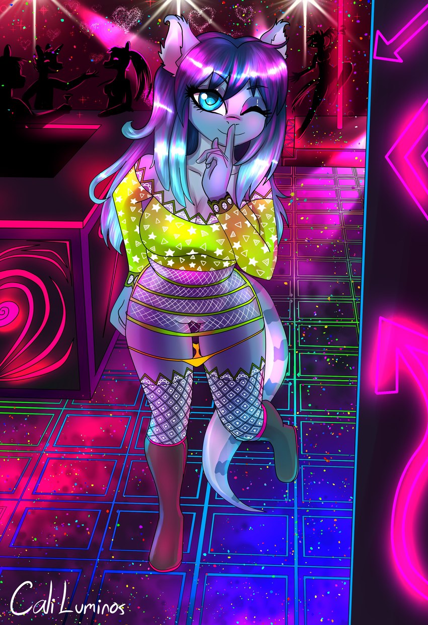 alternative_fashion anthro clothing costume cyberpop dancefloor female genitals j-fashion nude pussy rave solo teasing caliluminos opal_brona reptile scalie snake absurd_res colorful_theme hi_res