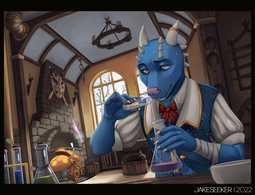 alchemy anthro anvil bow_tie claws clothed clothing detailed_background feet fireplace flask holding_object horn machine male medieval medieval_clothing potion scales solo_focus talons toes tools topwear jakeseeker arthropod automaton beetle cucujoid insect kobold ladybug robot scalie absurd_res digital_media_(artwork) hi_res