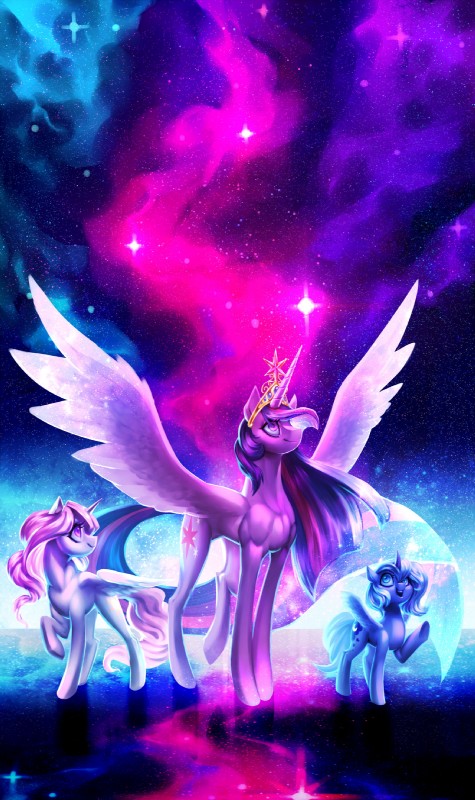 princess celestia, princess luna, and twilight sparkle (friendship is magic and etc) created by glitteronin