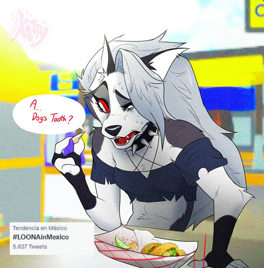 anthro bodily_fluids collar female food hashtag implied_cannibalism mexico nervous red_sclera solo spiked_collar spikes streets sweat taco teeth uhoh chocomint_kytty helluva_boss loona_in_mexico mythology loona_(helluva_boss) canid canid_demon canine demon hellhound mammal mythological_canine mythological_creature hi_res meme