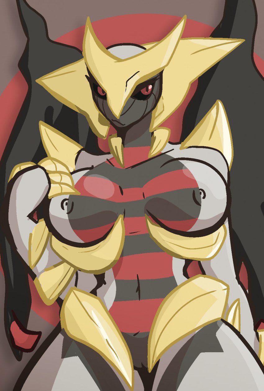 anthro anthrofied big_breasts black_body black_wings breasts brown_background claws eyelashes female front_view genitals grey_body navel nipple_outline pokemorph pupils pussy red_background red_eyes red_stripes simple_background slit_pupils solo stripes thick_thighs wide_hips wings yellow_body yellow_claws dima_(artist) nintendo pokemon altered_forme_giratina generation_4_pokemon giratina legendary_pokemon pokemon_(species) hi_res