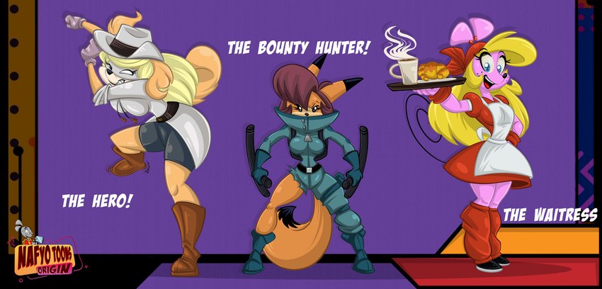 anthro bounty_hunter clothing club_(weapon) fedora female group hat headgear headwear jumpsuit leg_warmers legwear melee_weapon nightstick superhero supersuit trio waitress_uniform weapon nafyo-toons mina_draco sawson_vix wego_squeak canid canine canis domestic_dog fox mammal mouse murid murine rodent hi_res