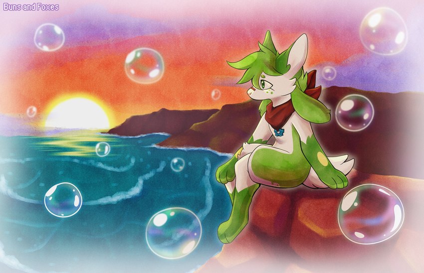 ambiguous_gender anthro bubble cloud green_body kerchief neckerchief neckwear paws sea shore sitting solo sunset time_gear water white_body buns_and_foxes nintendo pokemon pokemon_mystery_dungeon spike_chunsoft rain_(moonstruckmist) generation_4_pokemon pokemon_(species) riolu hi_res painting_(artwork) traditional_media_(artwork) watercolor_(artwork)