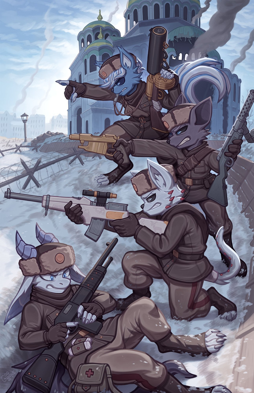 assault_rifle black_sclera bottomwear cathedral clothed clothing fingerless_gloves fur gloves group gun hair handgun handwear hat headgear headwear holding_gun holding_object holding_ranged_weapon holding_weapon holster holstered_weapon horn male ranged_weapon rifle tail topwear uniform ushanka weapon whistle_(object) goobone battlefield_1 kobold mammal scalie hi_res