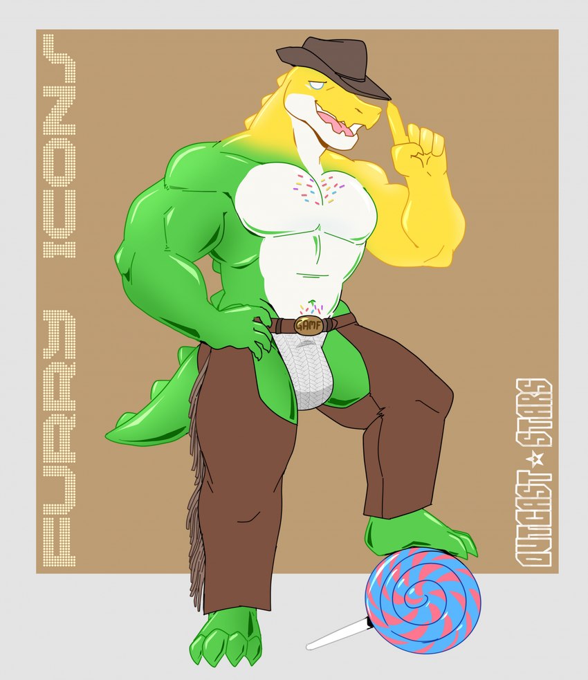 anthro barazoku barefoot bedroom_eyes bent_leg biceps border brown_background bulge candy chaps clothed clothing cowboy_hat dessert feet food gummy_(food) hat headgear headwear lollipop looking_at_viewer male muscular muscular_anthro muscular_male narrowed_eyes navel open_mouth open_smile pecs pose scales seductive simple_background smile solo standing text tongue topless topless_anthro topless_male underwear white_border outcast-stars glitch_productions the_amazing_digital_circus gummigoo_(tadc) alligator alligatorid crocodilian food_creature gummy_creature living_candy reptile scalie 2024 artist_name english_text hi_res pinup