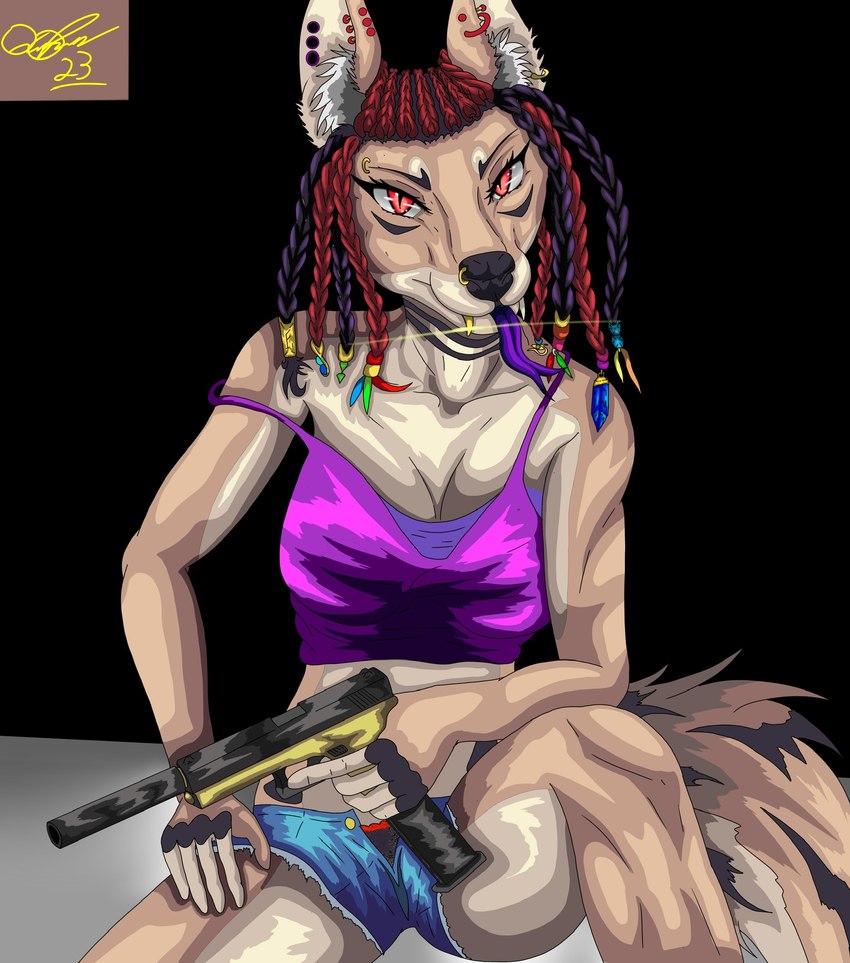 anthro bottomwear braided_hair breasts cleavage clothed clothing ear_piercing ear_ring facial_piercing female flesh_tunnel forked_tongue fur gauged_ear gold_(metal) gold_jewelry gold_tooth gun hair handgun hotpants jewelry looking_at_viewer nose_piercing nose_ring panties piercing ranged_weapon red_eyes red_hair ring_piercing shorts silencer simple_background solo tail tongue underwear weapon lynxdts mythology lorelei_(lynxdts) canid canine canis dragon hybrid mammal mythological_creature mythological_scalie scalie wagon(species) wolf digital_media_(artwork) hi_res