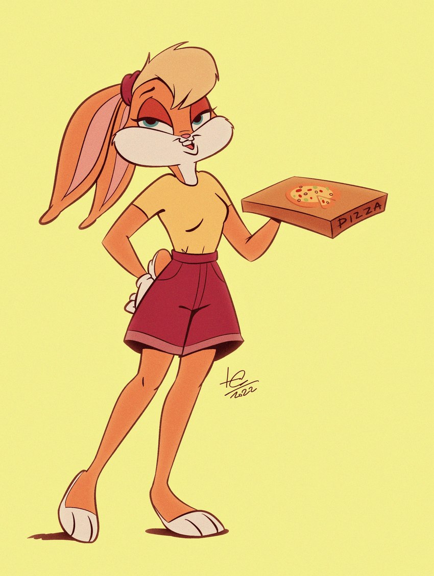 anthro bottomwear clothing female food pizza shorts solo juneduck21 looney_tunes warner_brothers lola_bunny lagomorph leporid mammal rabbit absurd_res hi_res