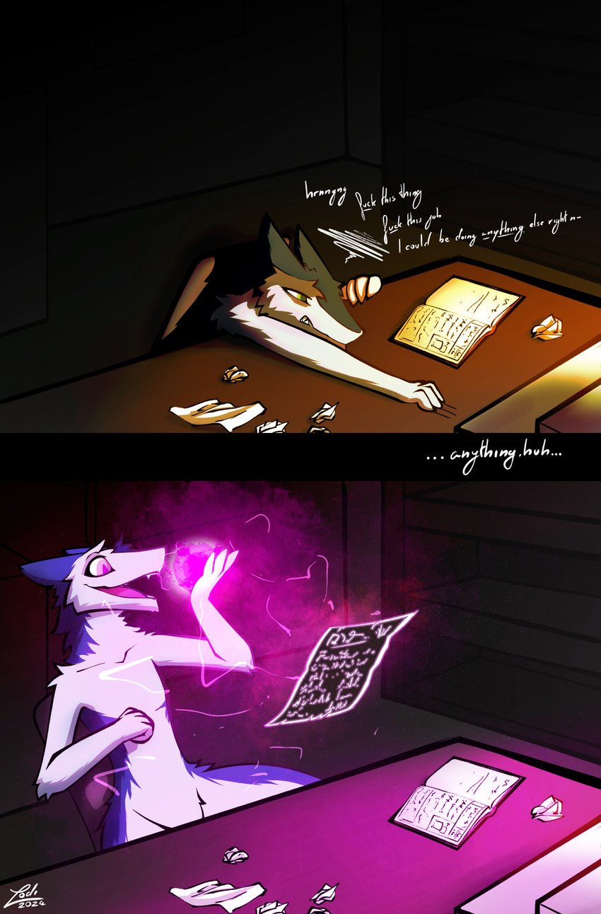 anthro blue_body blue_fur book crumpled_paper desk featureless_crotch fur furniture magic magic_user male night nude open_mouth parchment pink_magic profanity slumped smile solo table text two_panel_image white_body white_fur wide_eyed work conditional_dnp lodi_(artist) sergal absurd_res english_text hi_res