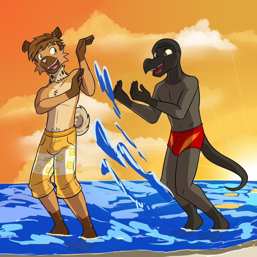 anthro anthrofied beach bottomwear bulge clothed clothing duo male partially_submerged sea seaside shorts speedo splash sunset swimwear topless water fuze nintendo pokemon ricky_(fuze) slick_(fuze) generation_7_pokemon pokemon_(species) rockruff salandit 1:1 hi_res