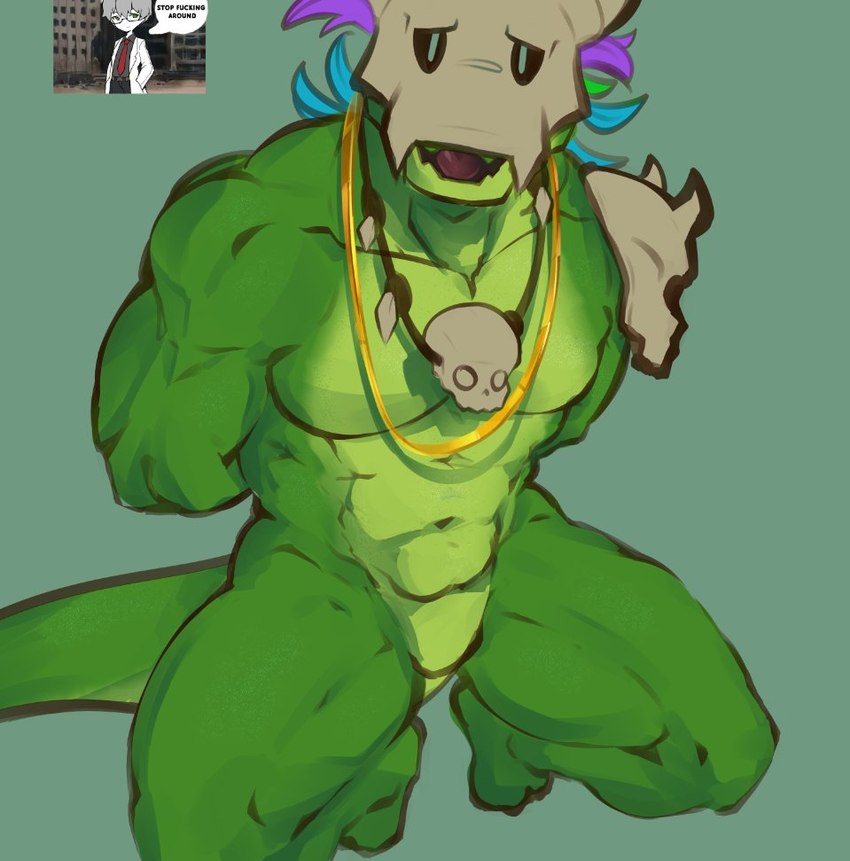 abs anthro barazoku biceps big_muscles biped black_sclera featureless_chest featureless_crotch green_body green_eyes looking_at_viewer male mask muscular muscular_anthro muscular_male muscular_sub pecs skull_mask snout solo submissive submissive_anthro submissive_male tail text tongue pitaschios lobotomy_corporation mythology project_moon terraria benjamin_(project_moon) witch_doctor_(terraria) lihzahrd lizard reptile scalie 2024 digital_media_(artwork) english_text