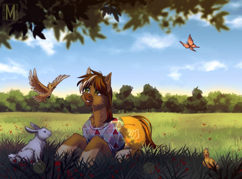 brown_hair clothing cutie_mark day detailed_background feathered_wings feathers feral fur grass green_eyes hair hooves male outside plant sky smile solo spread_wings wings yellow_body yellow_fur margony hasbro my_little_pony fan_character avian bird lagomorph leporid mammal rabbit 2016 digital_media_(artwork) hi_res shaded