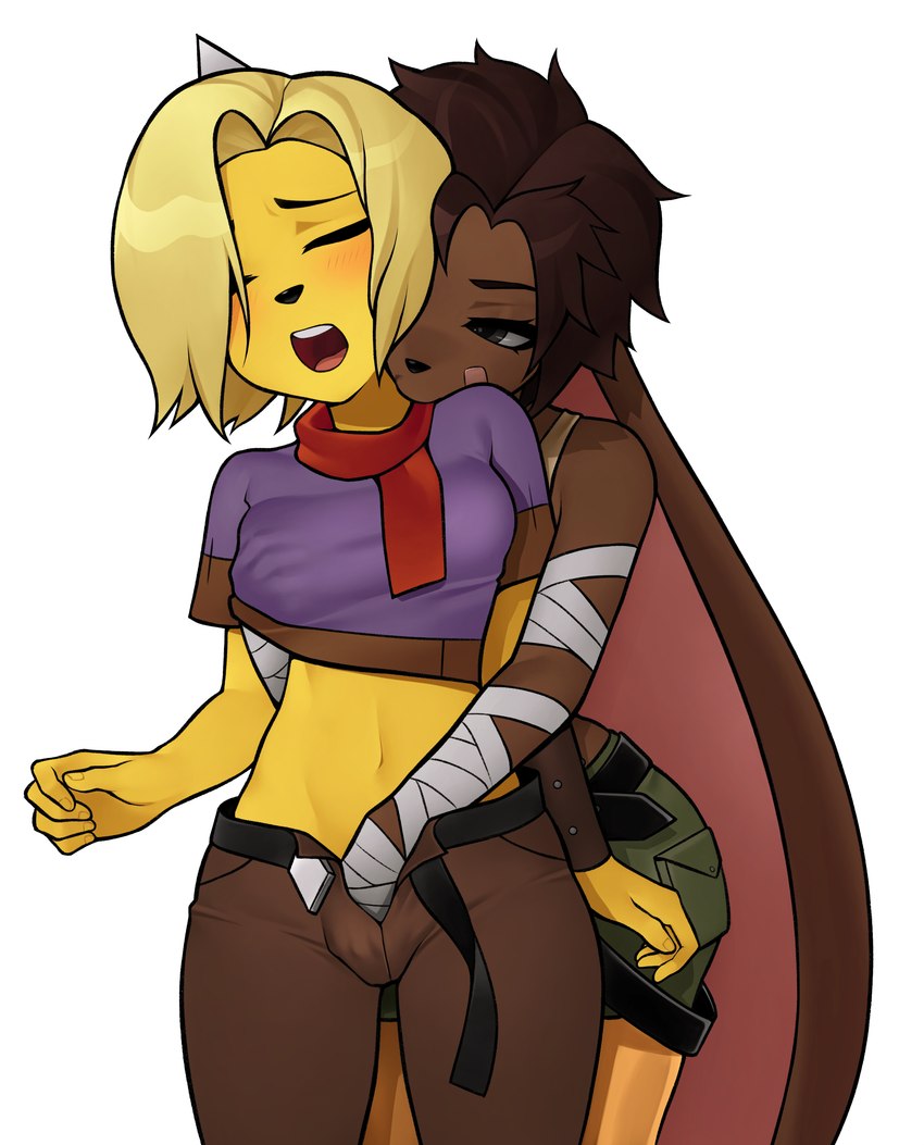 anthro black_hair blonde_hair blush bottomwear breast_grab breasts brown_body brown_fur clothed clothing crop_top duo eyes_closed female female/female fingering fingering_partner from_behind_position fur gold_(metal) hair hand_on_breast kissing_neck midriff moan narrowed_eyes open_bottomwear open_clothing open_pants pants prosthetic sex shirt shorts simple_background small_breasts topwear yellow_body yellow_fur loodncrood adventure_time cartoon_network bronwyn_(adventure_time) coriander_steppe bear canid canine canis domestic_dog hybrid lagomorph leporid mammal rabbit rainicorn absurd_res hi_res