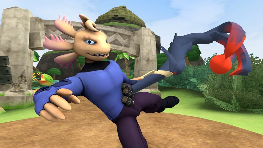 action_pose anthro blue_clothing blue_eyes blue_sweater blue_topwear bottomwear clothing gills hair holding_object holding_pen ink_tank looking_at_viewer male outside pants pecs pen plant pose purple_bottomwear purple_clothing purple_pants sharp_teeth shrub solo sweater teeth text topwear mightyk glitch_productions smg4 axol amphibian axolotl marine mole_salamander salamander 16:9 2024 3d_(artwork) digital_media_(artwork) hi_res japanese_text widescreen